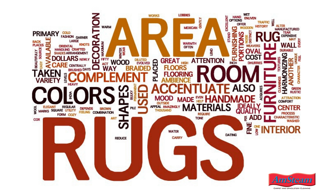 Word cloud about choosing a new area rug. Displaying words like comfort, size, pile and texture