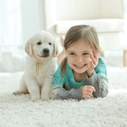 Young girls and her puppy playing on a clean rug