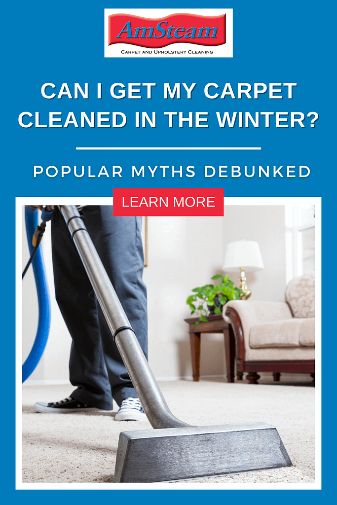 professional carpet cleaner is steam cleaning the carpet in the livingroom. Graphic text, "Can I get my carpets cleaned in the winter?"